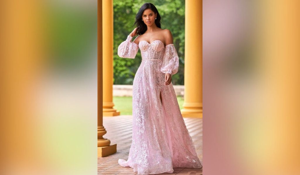 Woman wearing removable sleeved prom gown