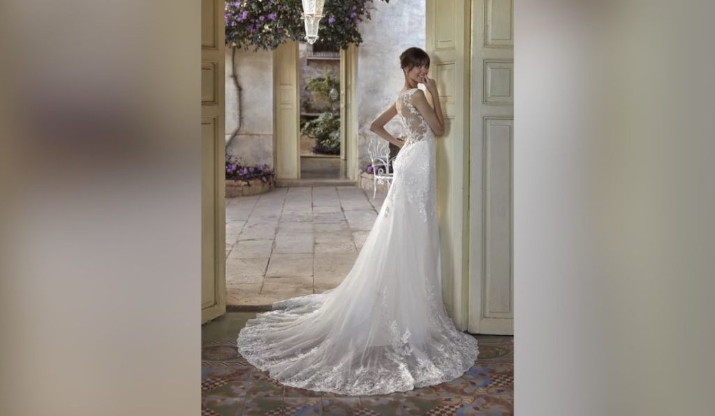 Woman wearing vintage Italian wedding dress